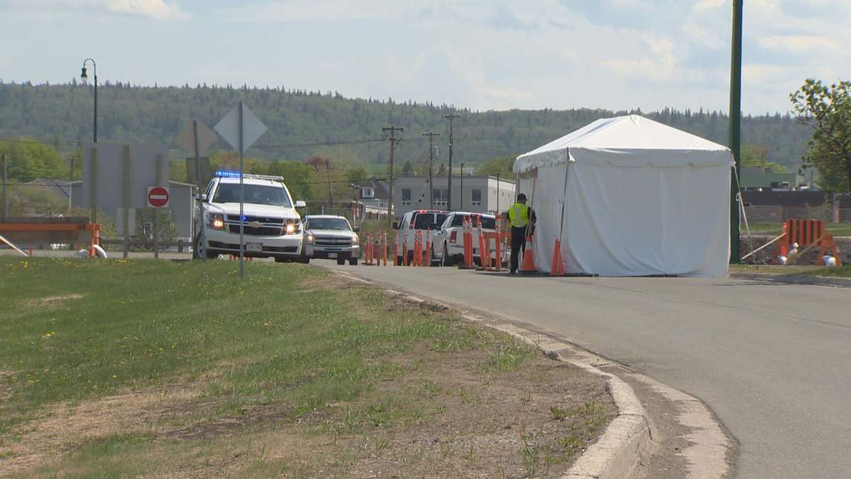 This file photo shows a border checkpoint in Campbellton, N.B. May 28, 2020.