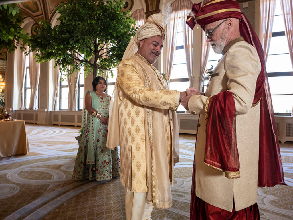 Suneel Khanna, left, and Carl Wolter, right, on their wedding day. Photo by Peter Bregg.