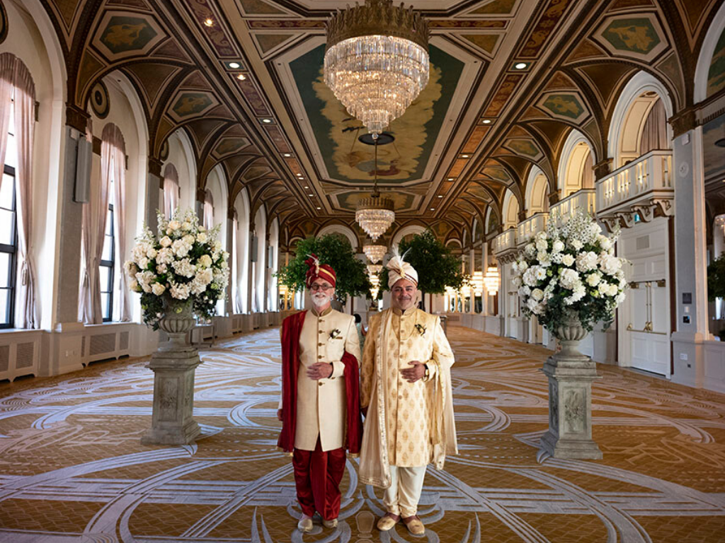 Carl Wolter, left, and Suneel Khanna, right, on their wedding day. Photo by Peter Bregg.