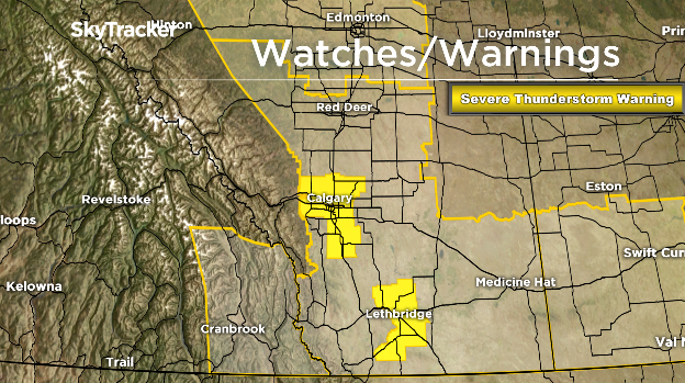 Severe thunderstorm watches and warnings issued for southern Alberta on June 13, 2020.