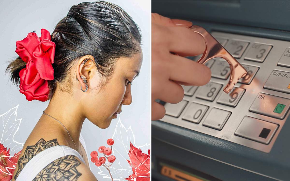 (L-R): Tina Nguyen's XXL Scrunchie & Co hair accessory business  based in Belleville, Ont., and Touché Company's No Touch Tool.