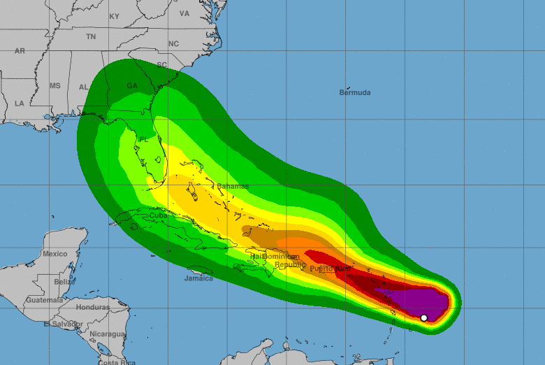 The projected wind strength of the potential tropical storm along its projected path from the Atlantic Ocean through Puerto Rico to Florida, seen on July 28, 2020.