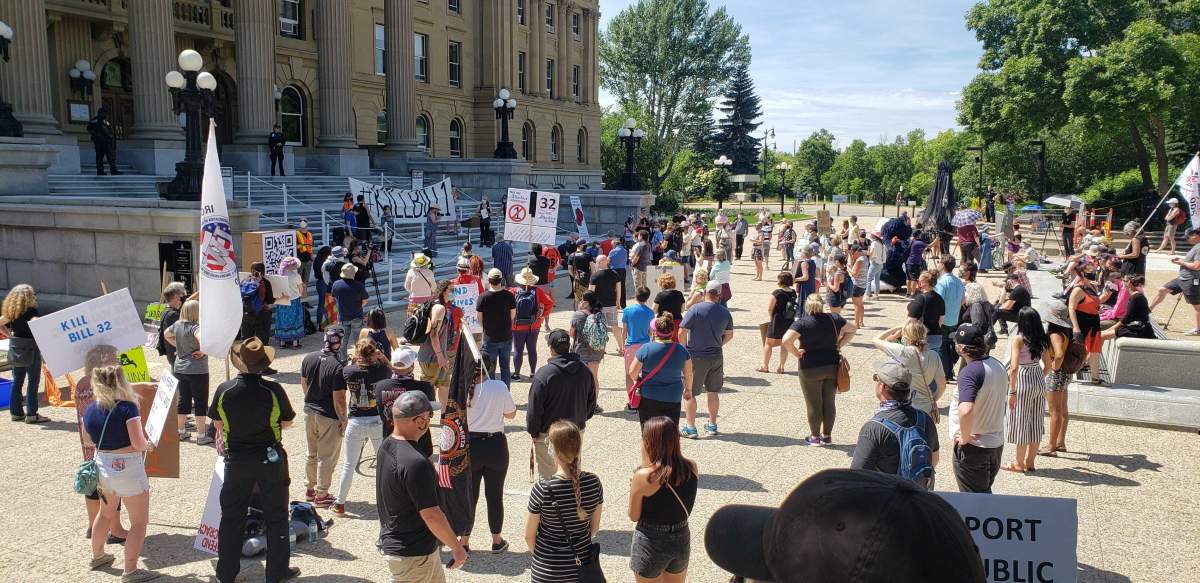 Hundreds turned out to protest Bill 1 in Edmonton, Alta., on Saturday, July 11, 2020.