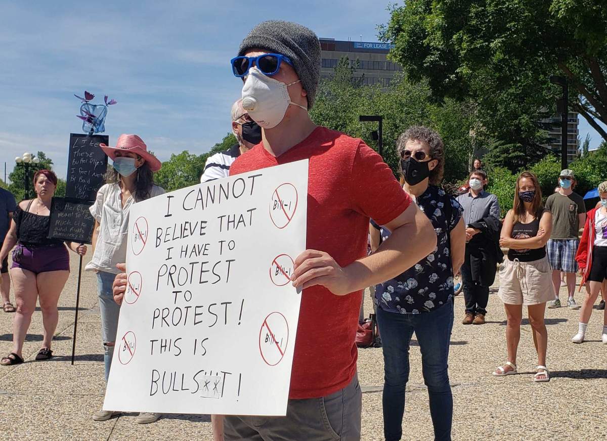Hundreds turned out to protest Bill 1 in Edmonton, Alta., on Saturday, July 11, 2020.