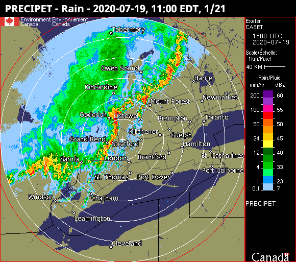 Sunday’s storm as seen on Environment Canada’s Exeter radar around 11 a.m.