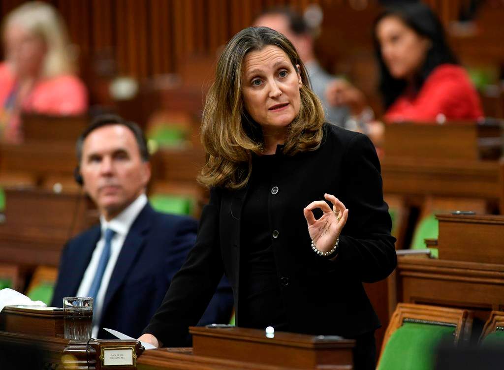 Finance Minister Chrystia Freeland, like her predecessor Bill Morneau, left, has not committed to presenting a federal budget in the current fiscal year.