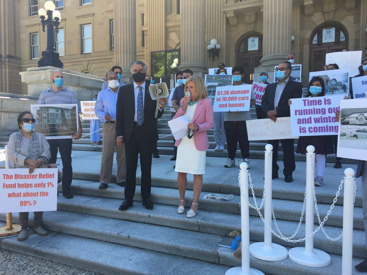 Alberta NDP Leader Rachel Notley joined Calgary residents affected by a severe hailstorm on the steps of the Alberta legislature Wednesday, July 22, 2020.