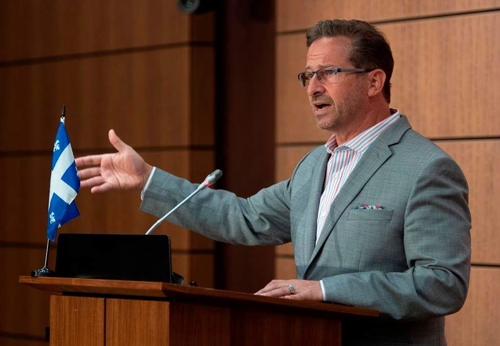 In this July 2020 photo, Bloc Quebecois Leader Yves-Francois Blanchet responds to a question during a news conference in Ottawa. Blanchet is distancing himself and his party from the federal government's stance on free speech. Monday, Nov. 2, 2020.