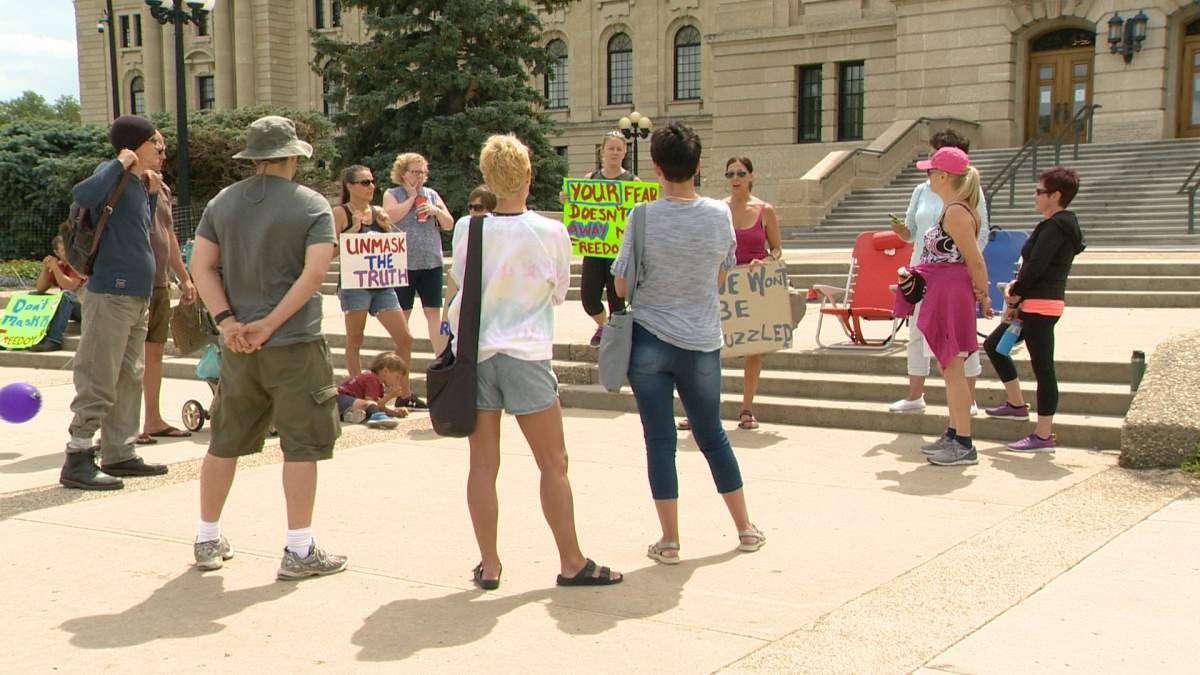 Around a dozen protesters attended the anti-mask rally in Regina on Sunday.