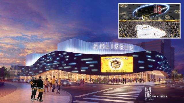A rendering of FirstOntario Centre following a planned modernization by The Precinct Group.