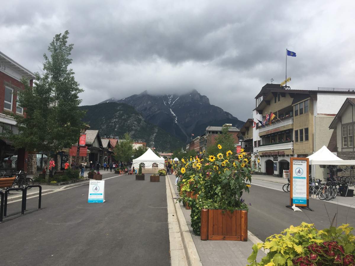 A quiet Banff Avenue on Canada Day 2020 is a change of pace from most years due to the COVID-19 pandemic.