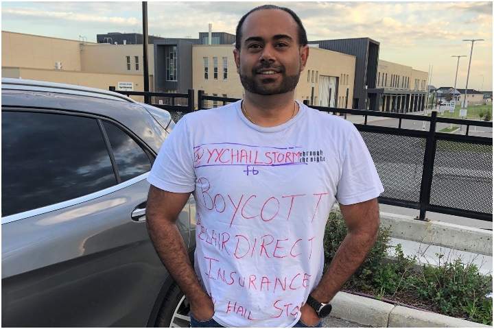 Prabhjot Sandhu poses for a photo in Calgary before driving to Edmonton to attend a rally at the Alberta legislature on Wednesday, July 22, 2020, asking for the provincial government to assist Calgarians impacted by a devastating June 13 hailstorm.