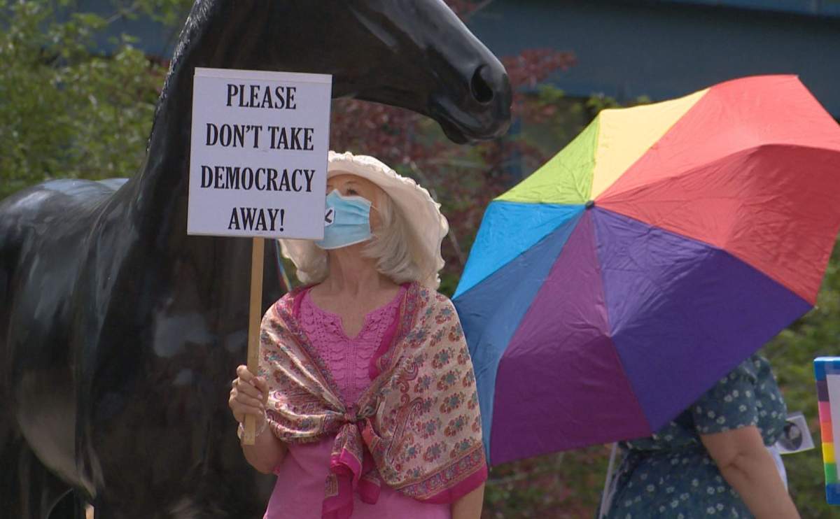 Calgarians protested Bill 1 on Saturday, July 11, 2020.