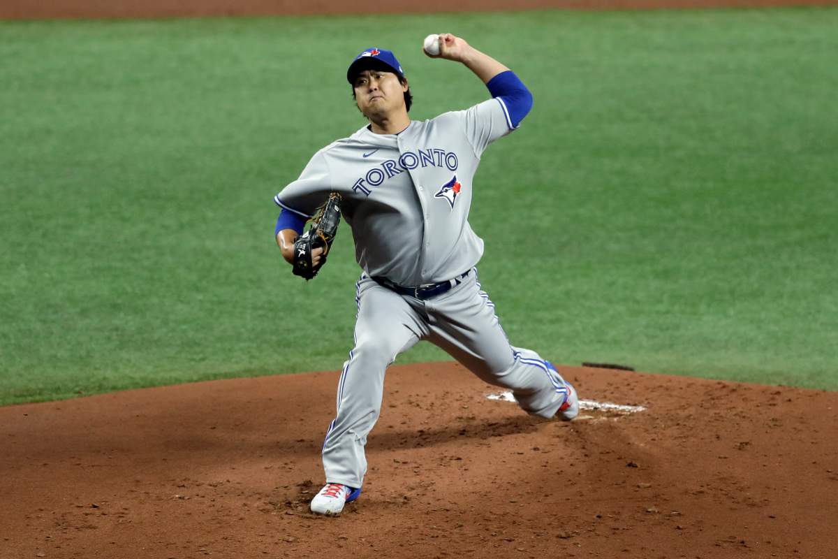 Toronto Blue Jays starting pitcher Hyun-Jin Ryu delivers to the Tampa Bay Rays during the first inning of a baseball game Friday, July 24, 2020, in St. Petersburg, Fla.