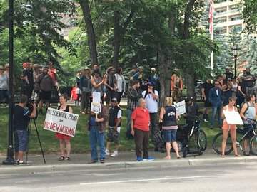 Anti-mask protesters are seen in Edmonton on July 19, 2020.
