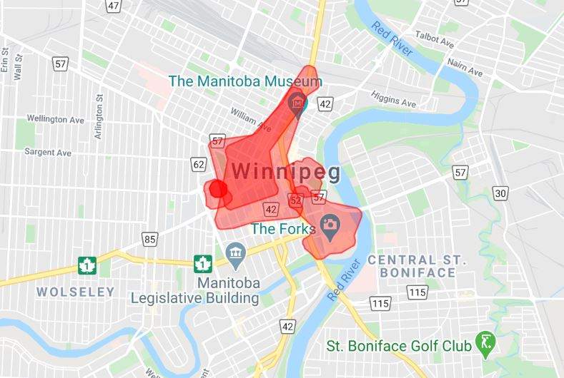 Outages in downtown Manitoba as of 7:15 a.m. Friday.