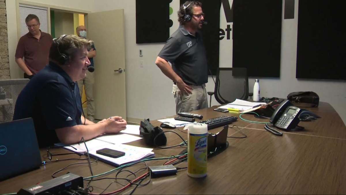Jack Michaels and Bob Stauffer broadcast the Oilers game on 630 CHED outside of Rogers Place. July 18, 2020