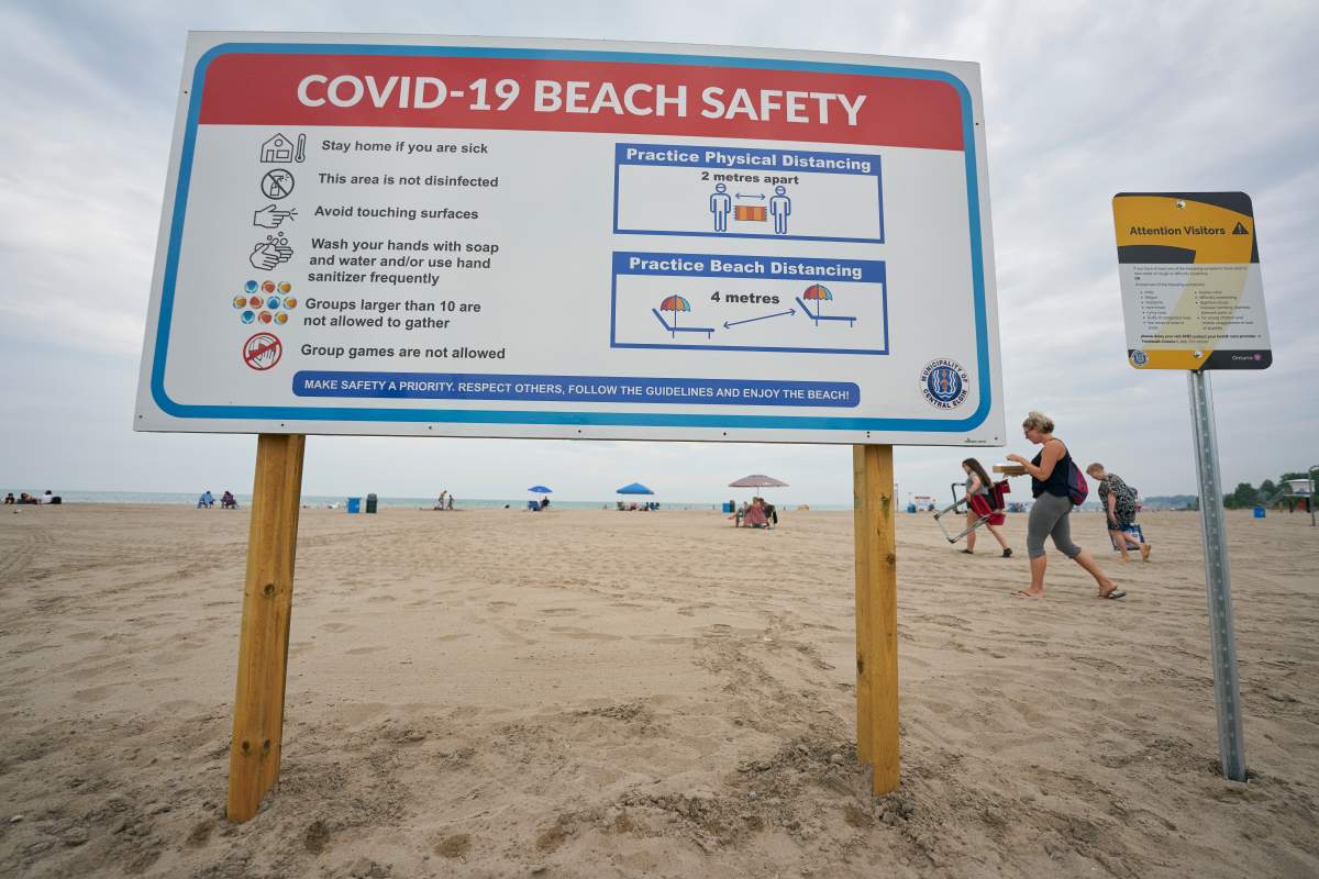 Large signs for COVID-19 beach safety are prominently displayed at the beach in Port Stanley, Ont., on Monday, June 22, 2020.