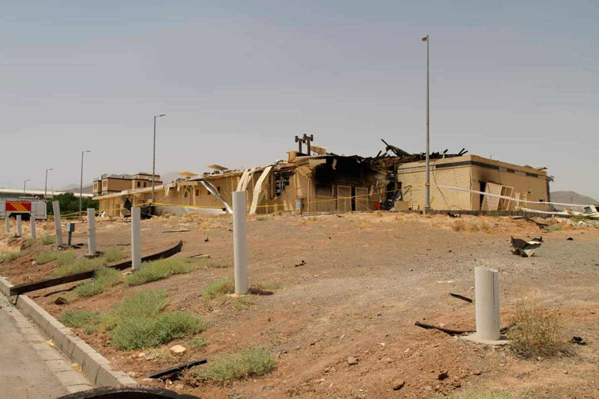This photo released Thursday, July 2, 2020, by the Atomic Energy Organization of Iran, shows a building after it was damaged by a fire, at the Natanz uranium enrichment facility some 200 miles (322 kilometres) south of the capital Tehran, Iran. 