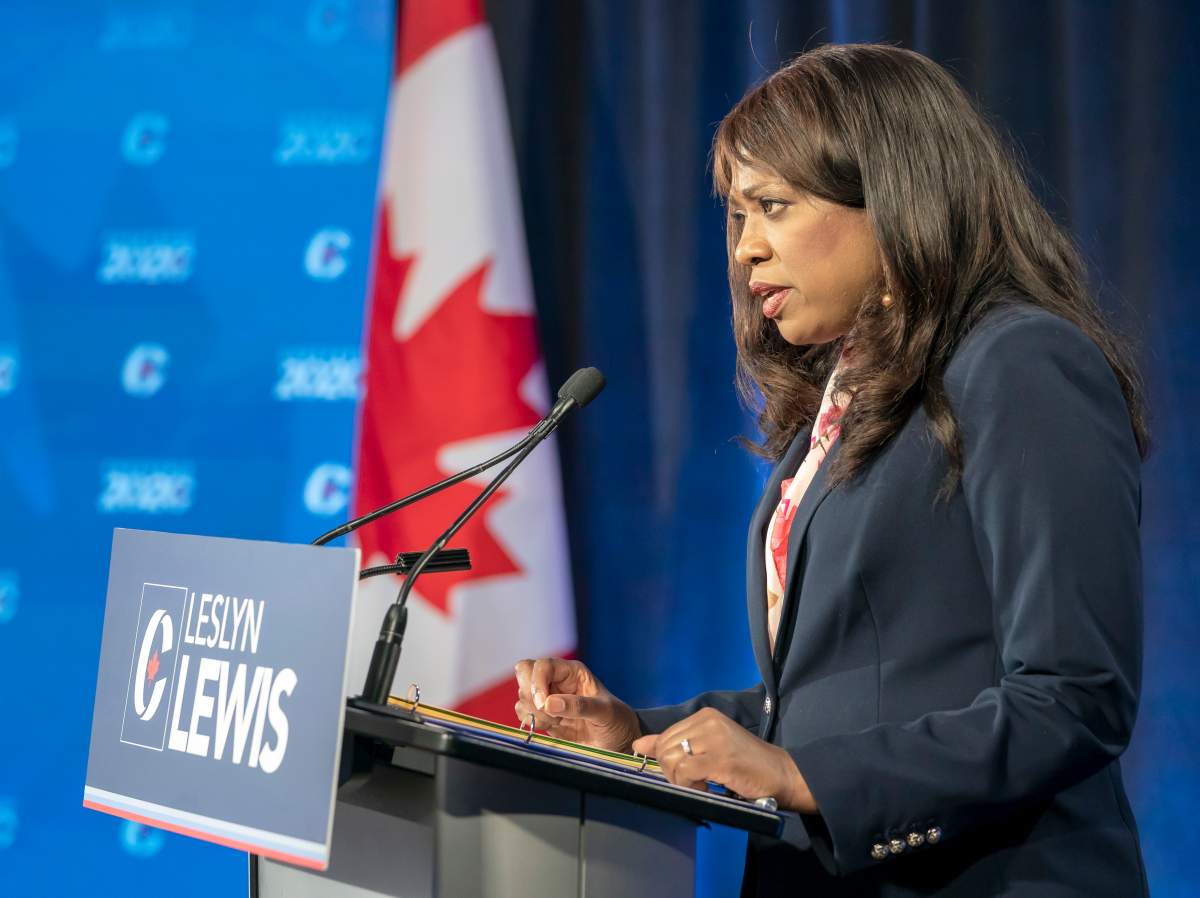 Conservative Party of Canada leadership candidate Leslyn Lewis makes her opening statement at the start of the French leadership debate in Toronto on Wednesday, June 17, 2020.