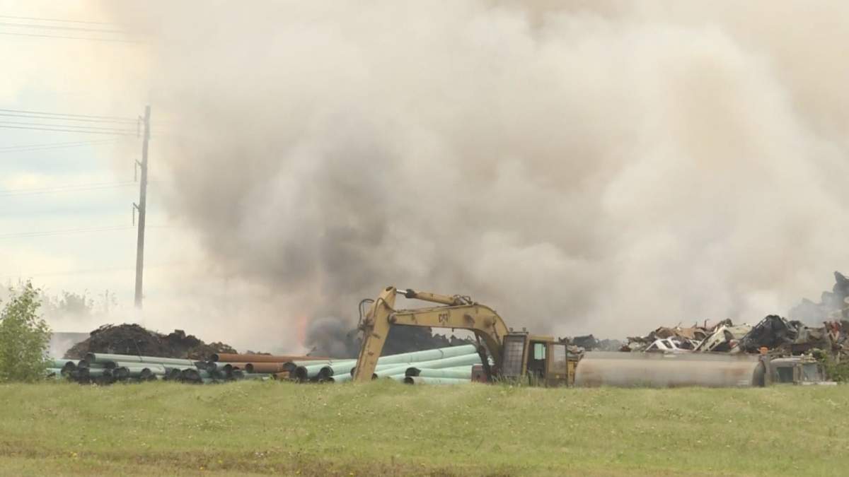 Fire crews battle a blaze at the Genalta Recycling facility in Strathcona County Wednesday, July 15, 2020.