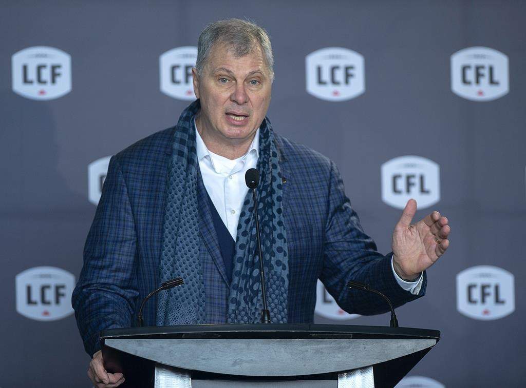 CFL commissioner Randy Ambrosie speaks at a news conference in Halifax on Thursday, Jan. 23, 2020. The CFL sent federal Canadian Heritage Minister Steven Guilbeault a revised revised financial request Friday. THE CANADIAN PRESS/Andrew Vaughan.