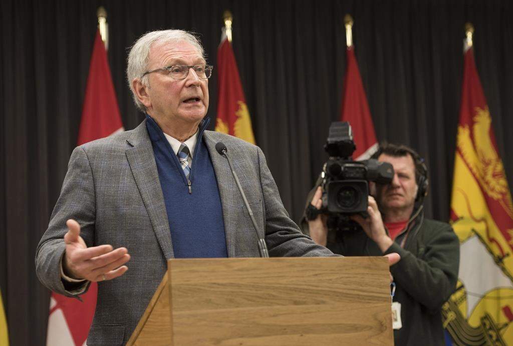 New Brunswick Premier Blaine Higgs speaks with the media in Fredericton, N.B., on Feb. 17, 2020.