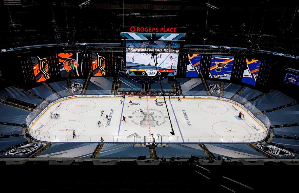 The St. Louis Blues take on the Chicago Blackhawks during second-period NHL exhibition game action in Edmonton on Wednesday, July 29, 2020. THE CANADIAN PRESS/Jason Franson