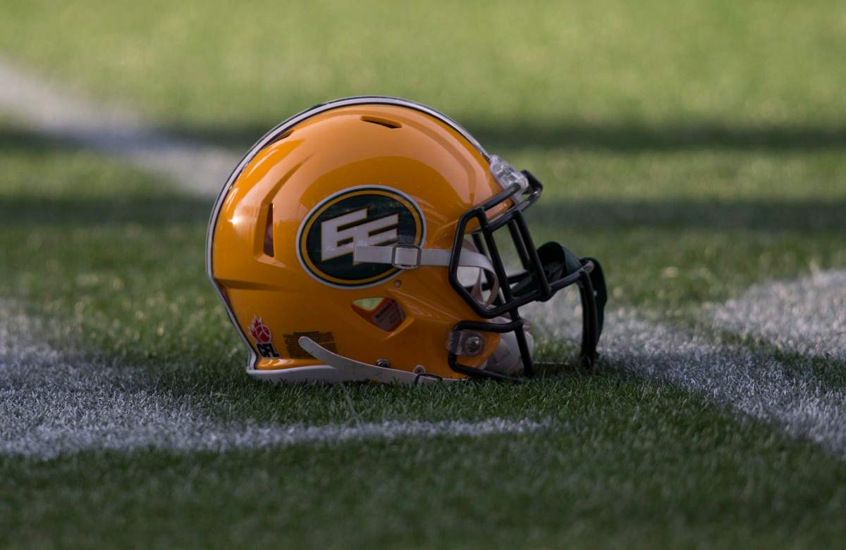An EE helmet is seen on the field during a team practice.
