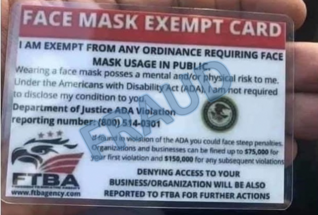A photo of a fraudulent \’face mask exempt\’ card released by the U.S. Department of Justice.