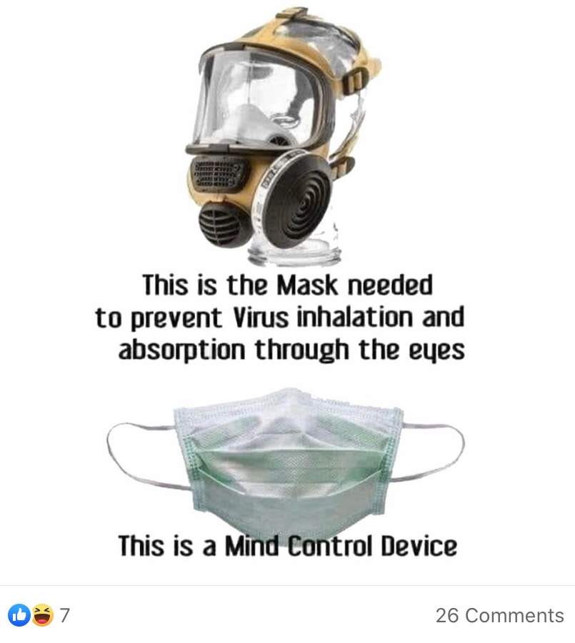 A screen grab from Jarred Ketterling’s Facebook shows a post describing face masks as mind control.