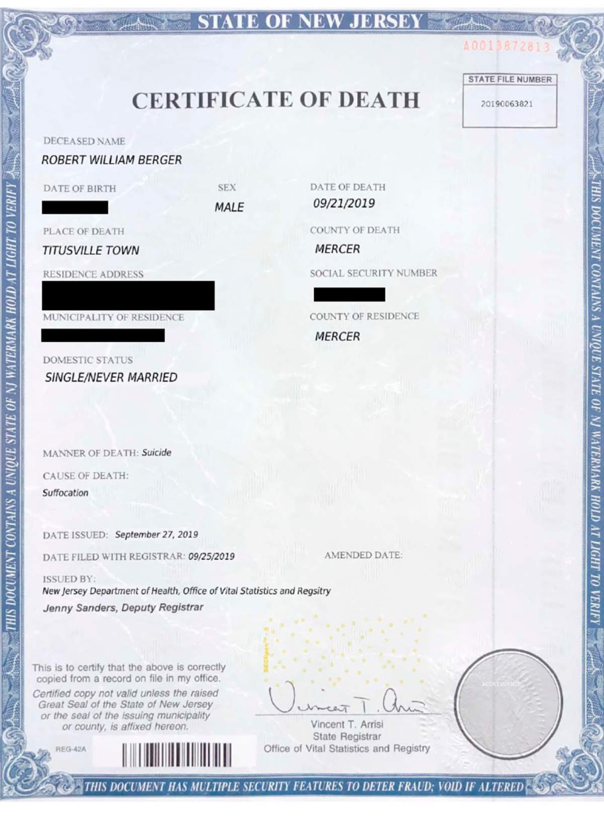 This image provided by the Nassau County District Attorney's office in Mineola, N.Y., shows a fake death certificate with some information redacted by the DA's office.