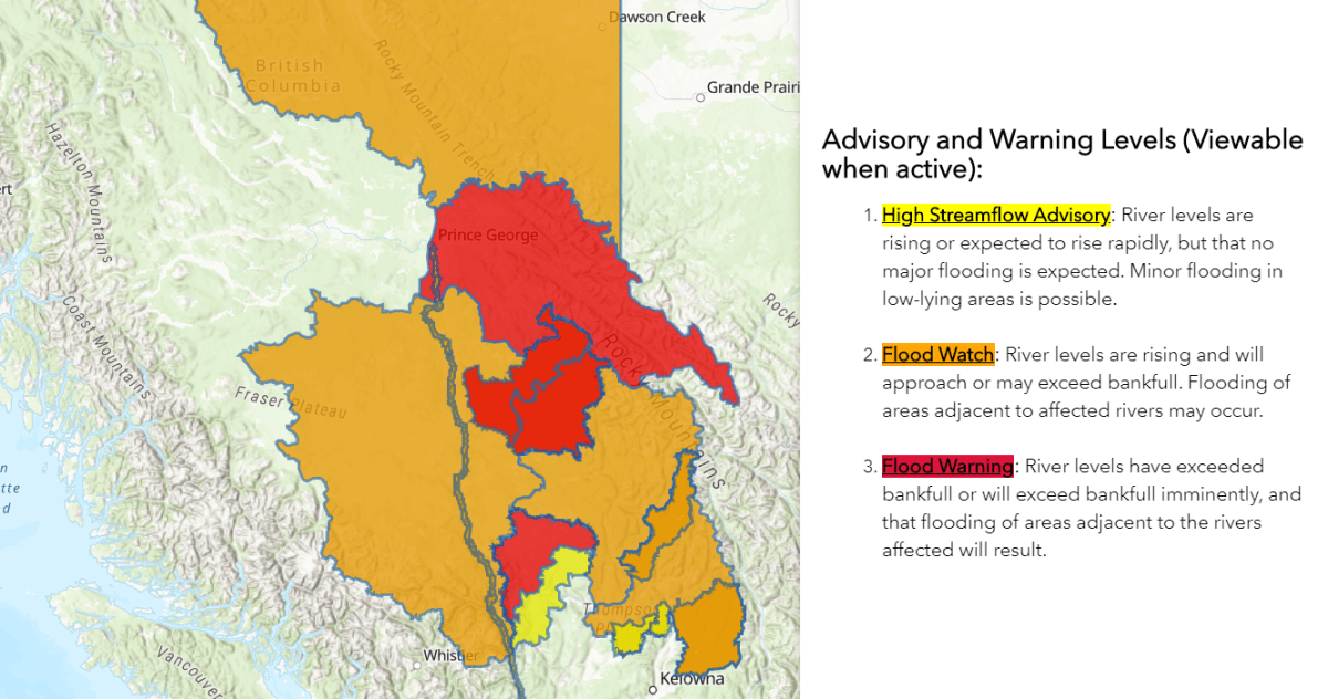 Flood warnings and advisories in B.C. as of July 5, 2020.
