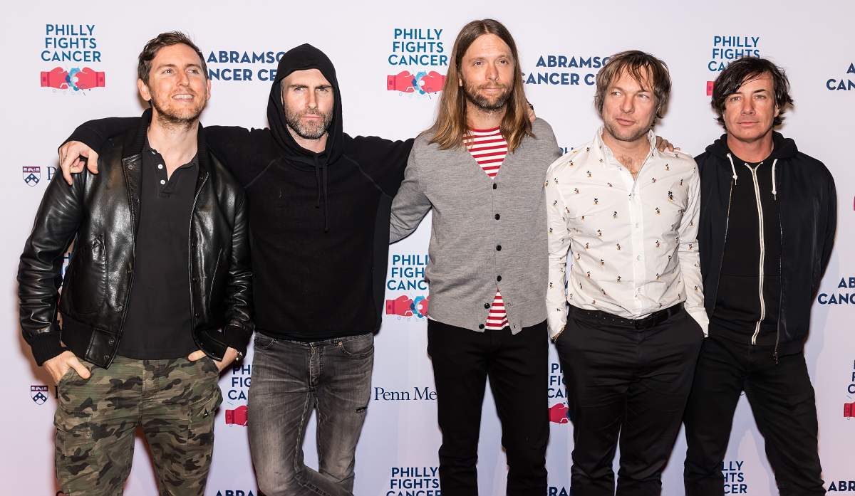 (L-R) Musicians Jesse Carmichael, Adam Levine, James Valentine, Mickey Madden and Matt Flynn of Maroon 5 attend the Philly Fights Cancer: Round 4 at The Philadelphia Navy Yard on November 10, 2018 in Philadelphia, Pennsylvania. (Photo by Gilbert Carrasquillo/Getty Images)