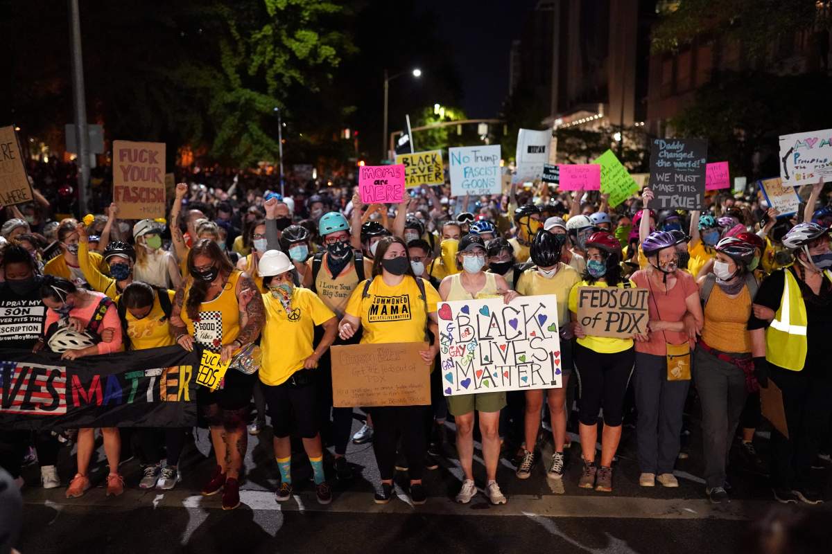 Mothers form the front line of a protest march toward Mark O. Hatfield U.S. Courthouse on July 20, 2020 in Portland, Ore.