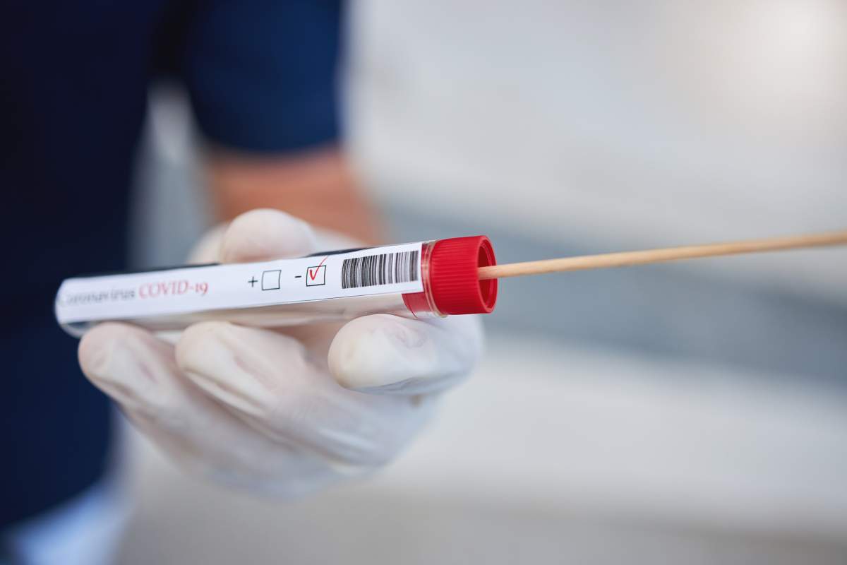 Medical doctor with surgical holding negative a cotton swab coronavirus testing kit.