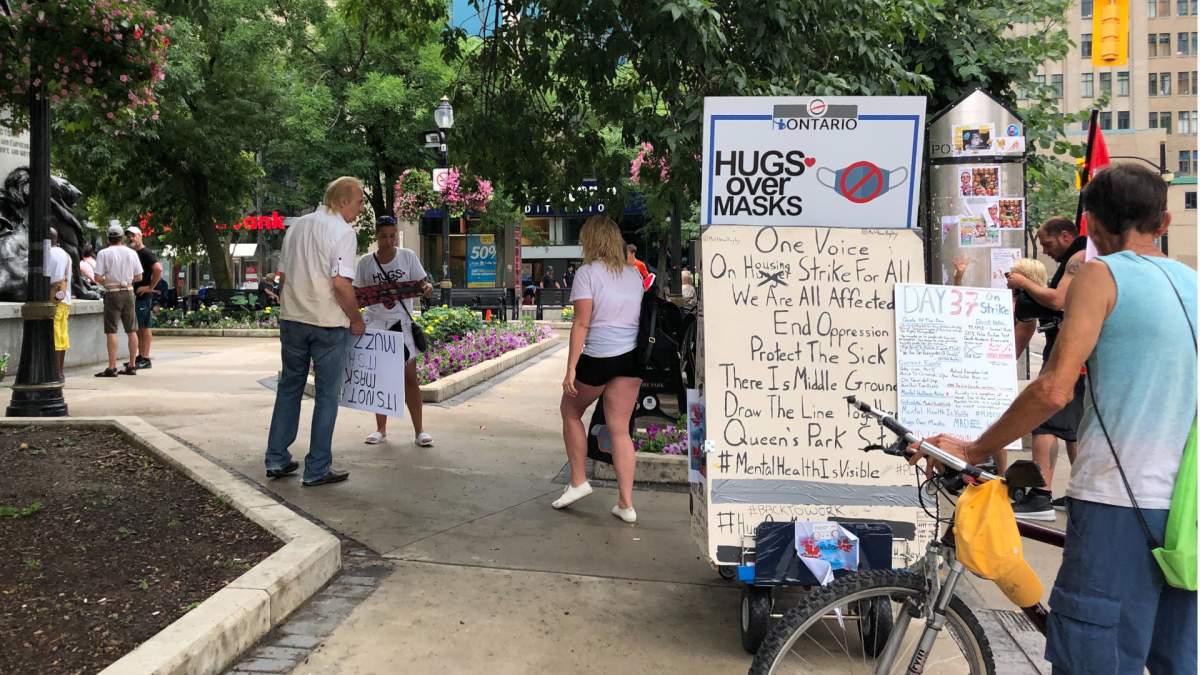 Anti-masking advocates rallied at Hamilton’s Gore Park on Sunday July 20, 2020. The advocacy group says mandatory masking infringes on people’s rights.