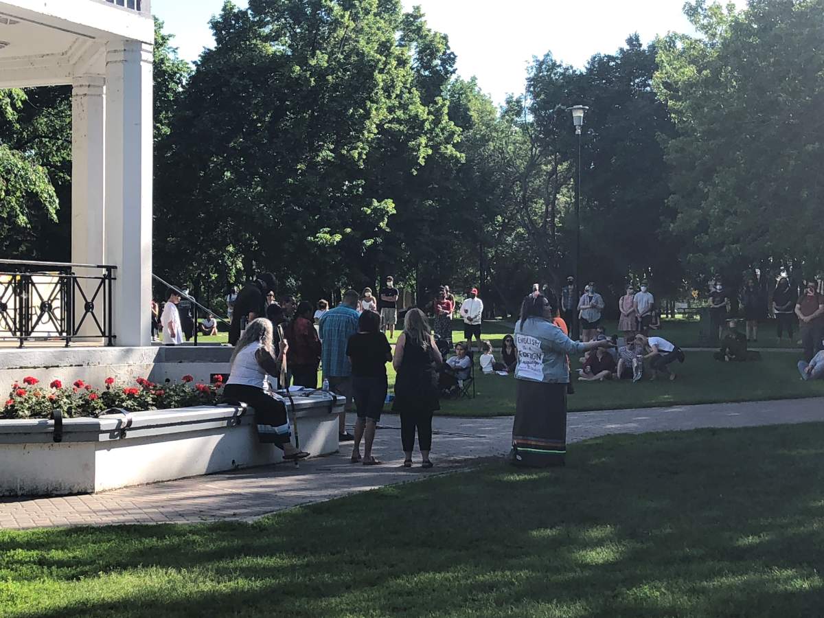 Hundreds of people gathered in Saskatoon on Canada Day to demonstrate against the idea that Canada is beneficial to everyone.