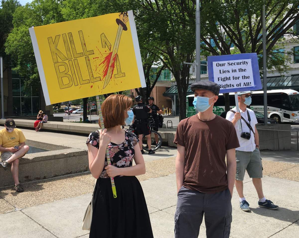 Calgarians protested Bill 1 on Saturday, July 11, 2020.