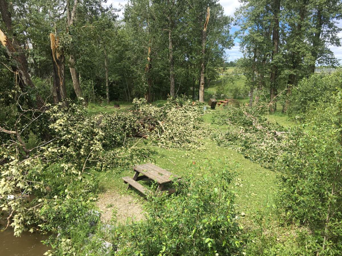 Damage at a Bottrel, Alta., campground on July 25, 2020.