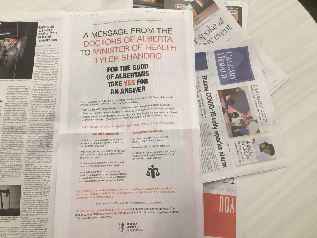 The Alberta Medical Association has taken out an ad in newspapers across the province in an effort to strike a deal with the provincial government.