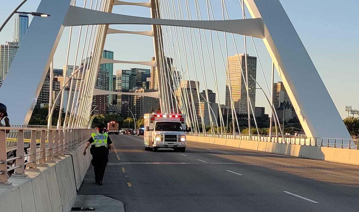 A fatal collision on the north end of Edmonton’s Walterdale Bridge shut down traffic on Tuesday, July 14, 2020.