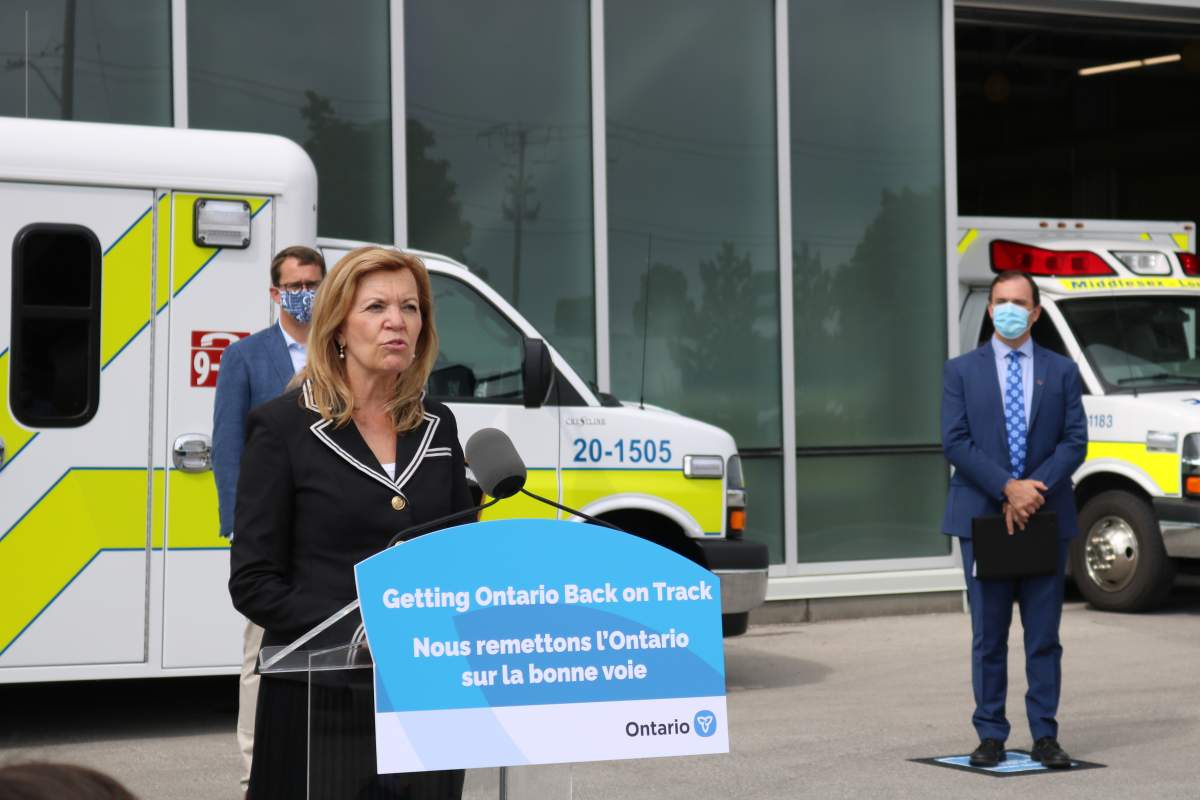 Christine Elliott, the province's minister of health, making an announcement at the Middlesex London Paramedic Services Headquarters Thursday morning.