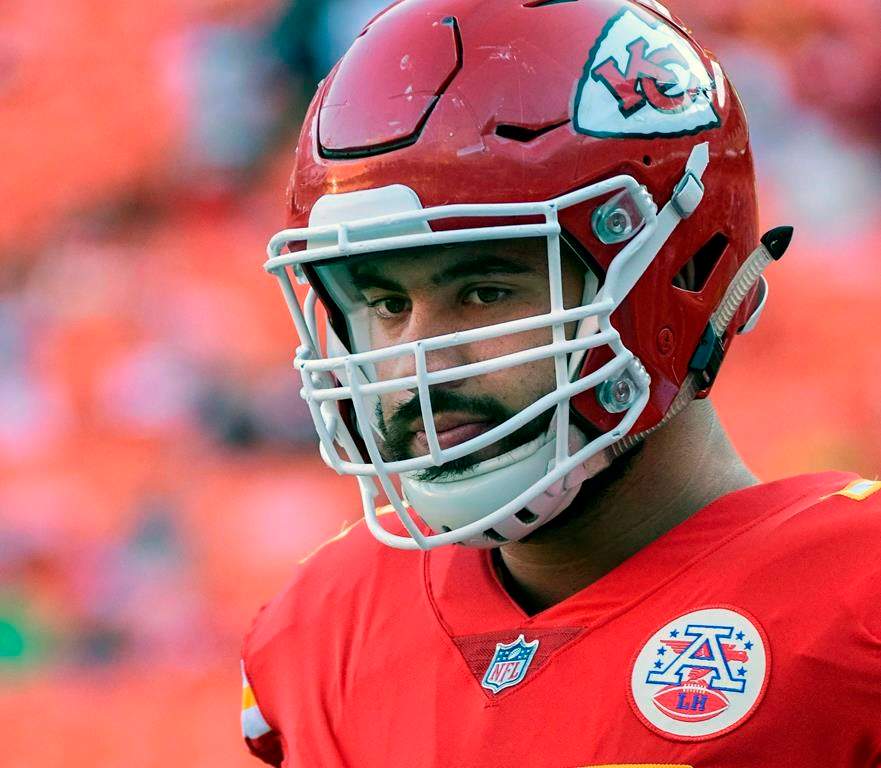 Kansas City Chiefs offensive lineman Laurent Duvernay-Tardif (76) is shown during pre-game warmups before an NFL preseason football game in Kansas City, Mo. Aug. 11, 2017.