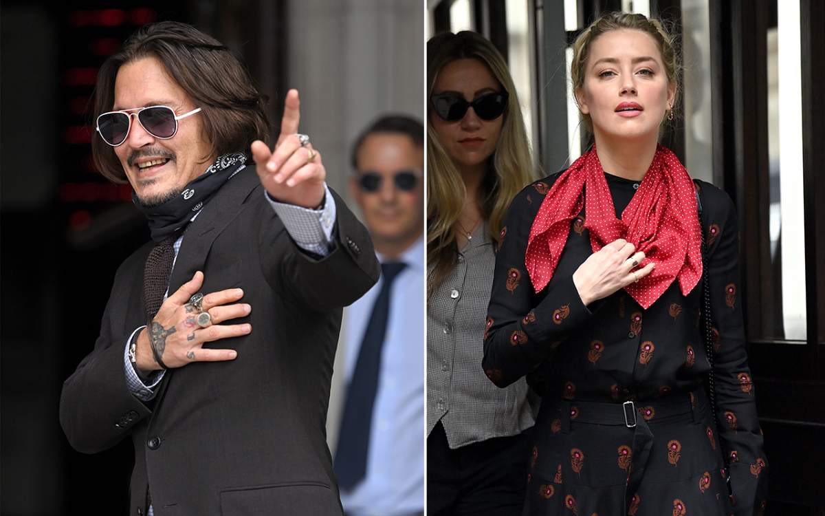 (L-R): Johnny Depp and Amber Heard arrives at the Royal Courts of Justice, Strand on July 15, 2020 in London, England.