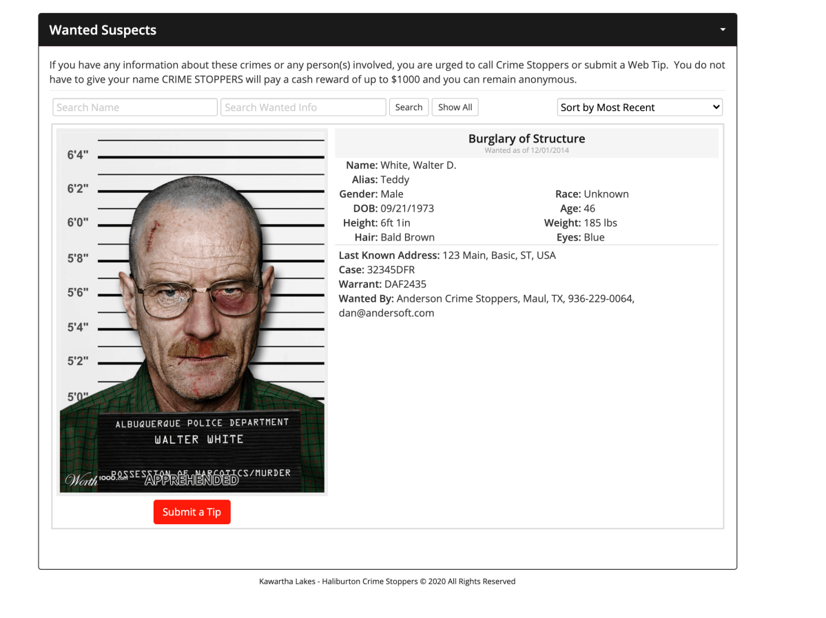 A screen shot of the home page of the Kawartha Lakes-Haliburton Crime Stoppers home page on Thursday, July 15.