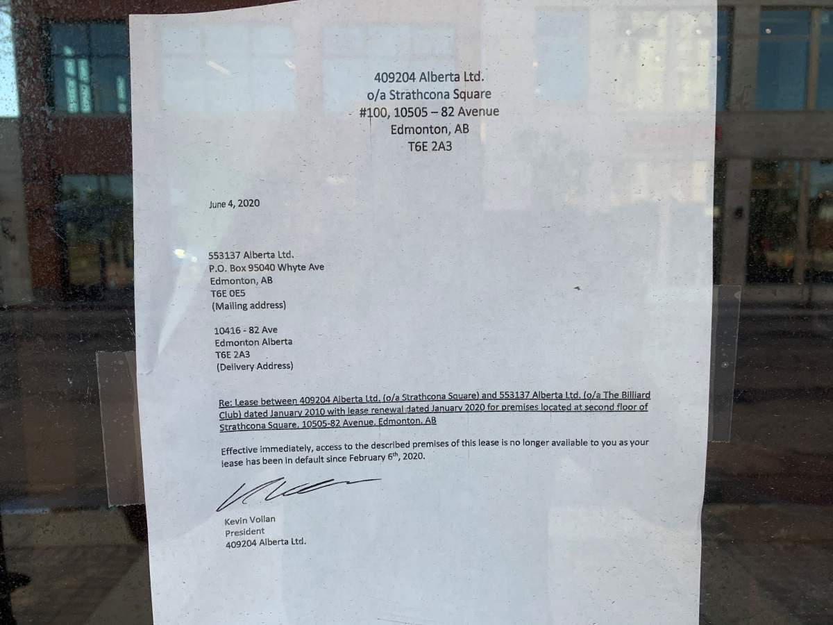 A sign posted to The Billiard Club seen on July 10, 2020