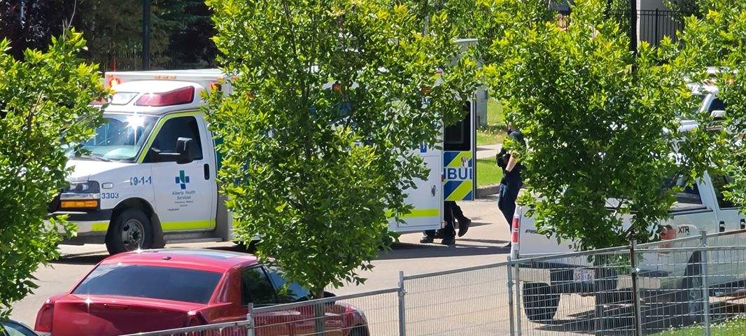 A police scene at an apartment complex at 105 Westhaven Drive in Leduc, Alta. on Friday, July 17, 2020.