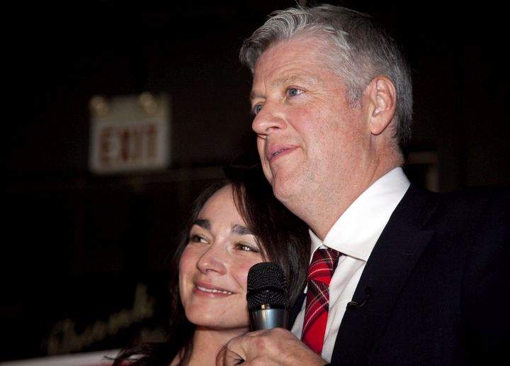 Calgary Centre Liberal candidate Harvey Locke, right, and his wife Marie-Eve Marchand, speak to supporters after watching election returns in Calgary on Monday, Nov. 26, 2012.