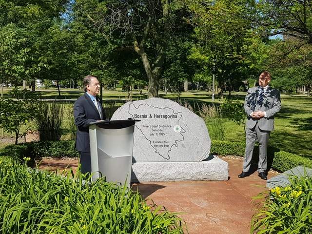 Commemoration of Windsor Srebrenica Massacre monument, June 30, 2020 (courtesy Brian Masse)